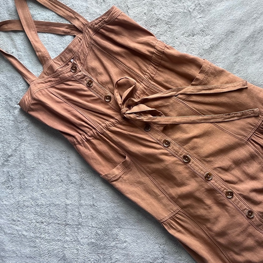 Free People Catch The Breeze Button Tiered Midi Dress Amber Wave Neutral Tan S